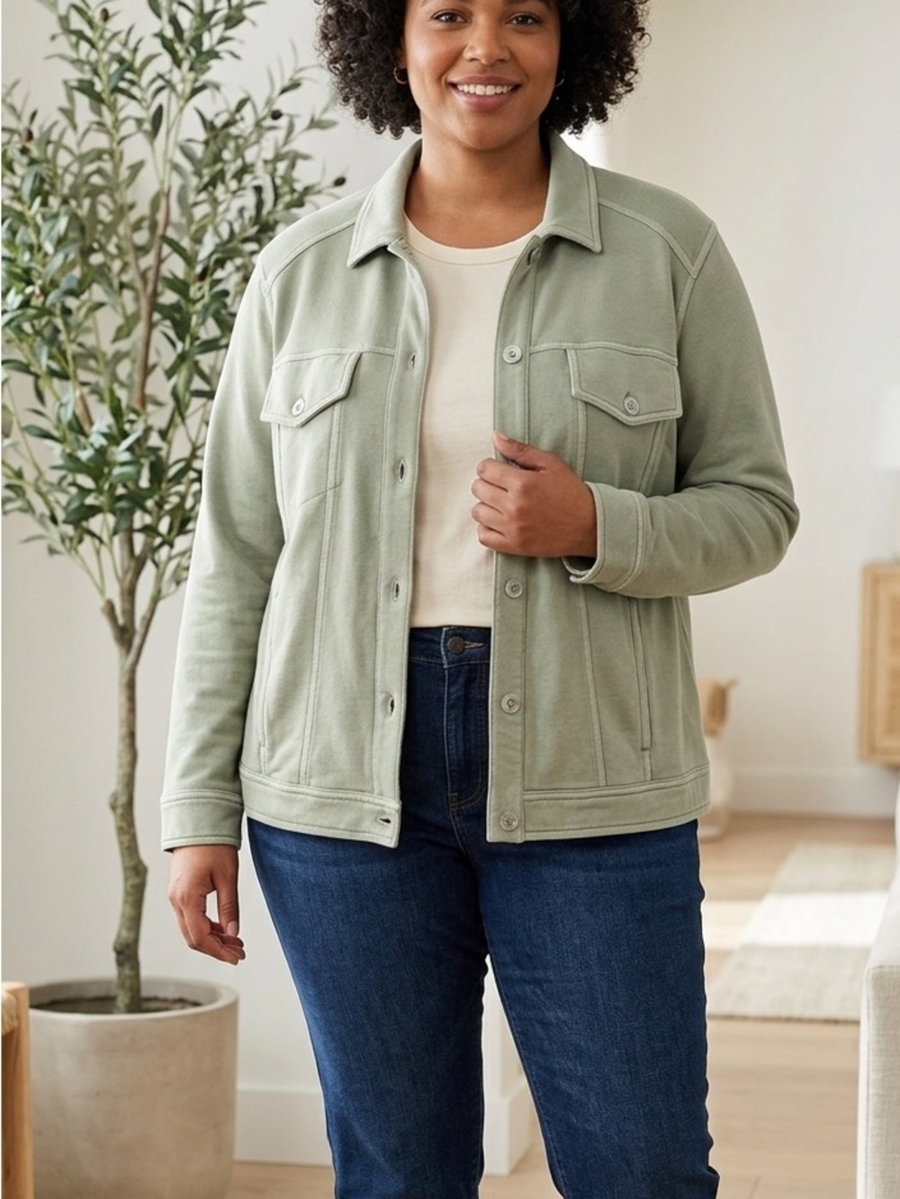 Jane + Delancey Women’s Button-Front Shacket Jacket Pockets Sage 1X